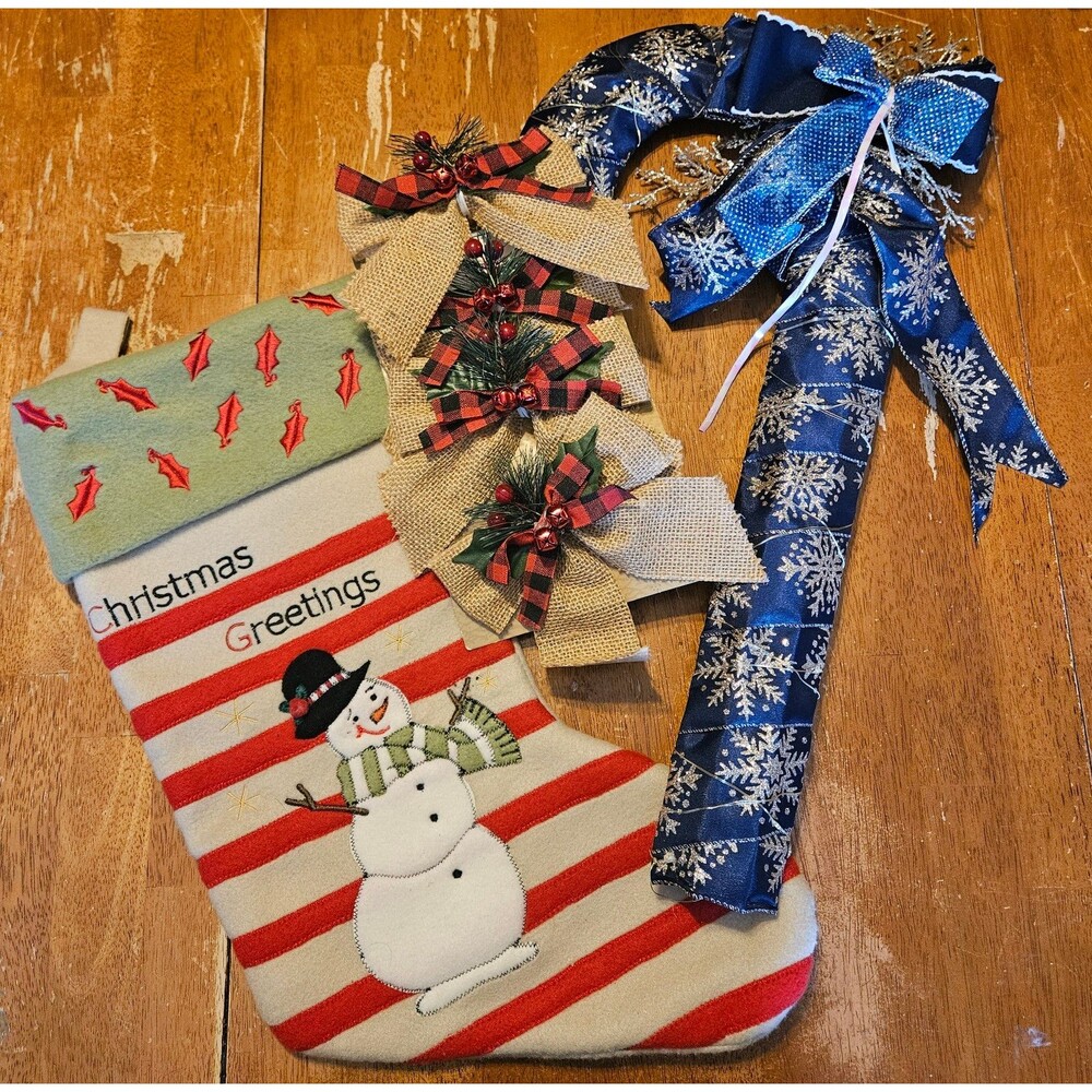 Holiday Bundle Christmas Decorations Stocking, Candy Cane Wreath, Tie On Bows